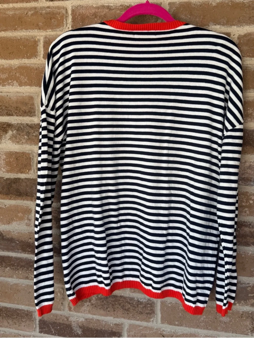 Navy & White Striped Crewneck Sweater with Red Trim